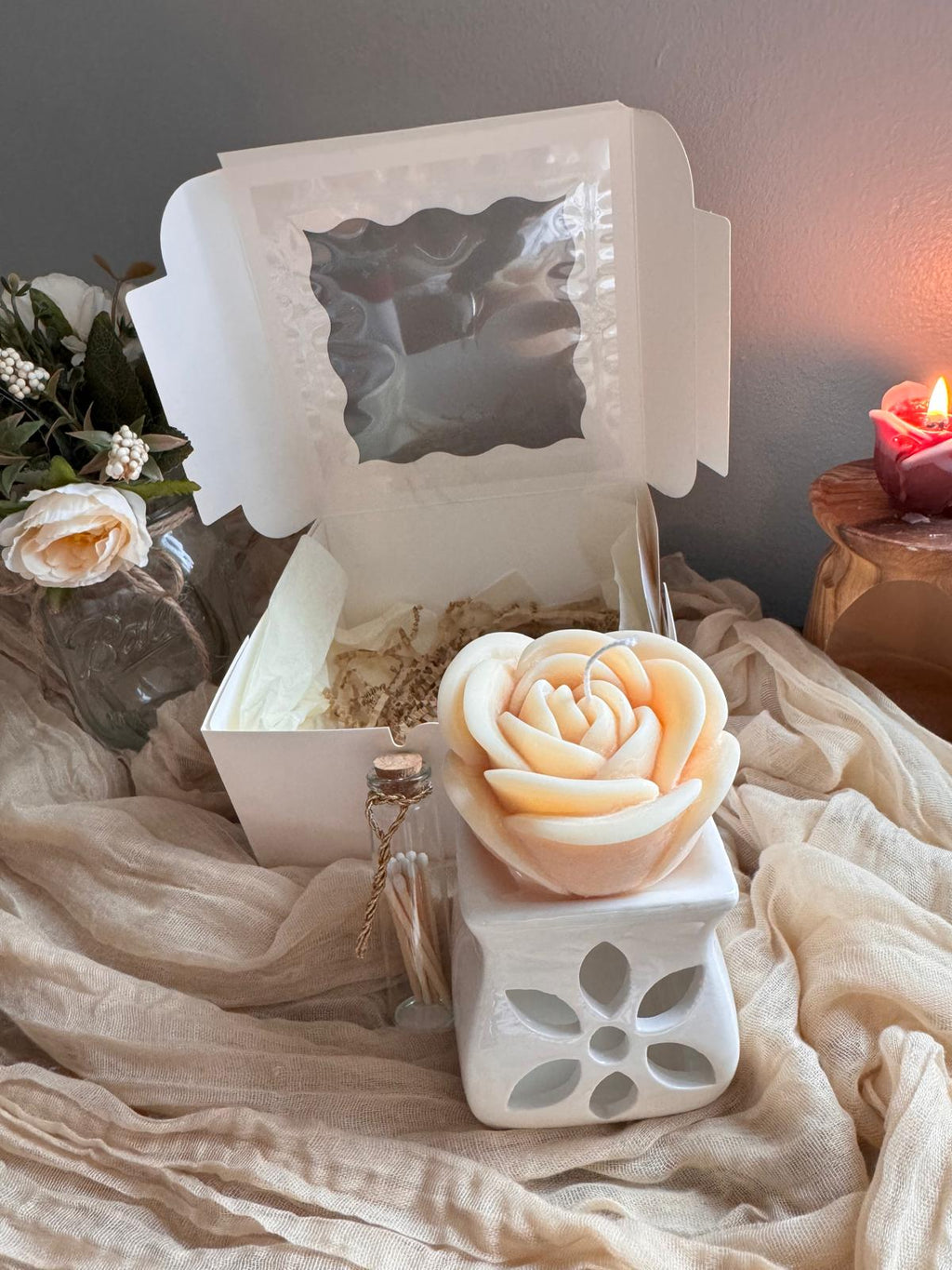 Petal in Light – Peach Rose Candle | Hand-Poured Coconut–Soy | Gift-Ready Box